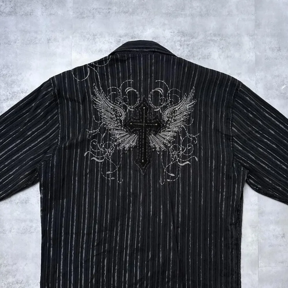Y2K Lamasini Cross Embroidered 00s Button Up Shirt - Picture 5 of 7